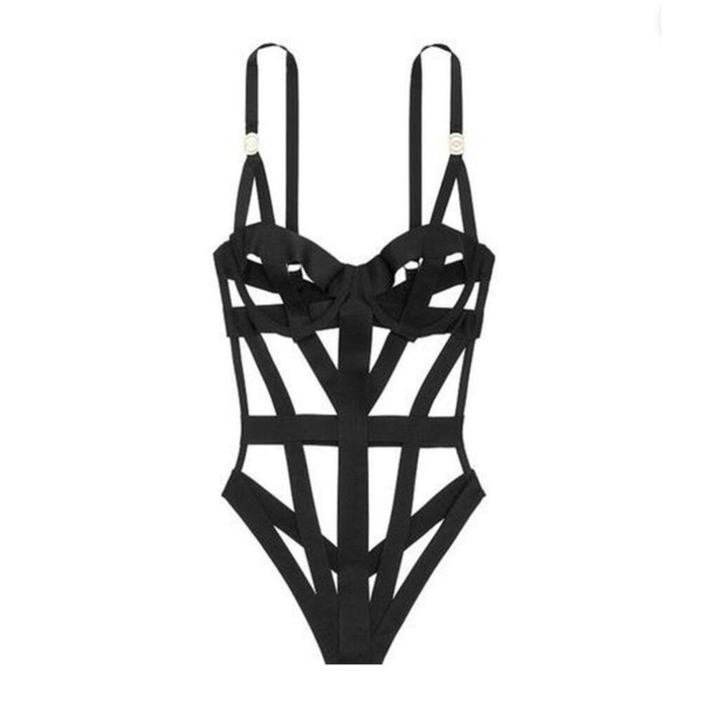 Victoria's Secret Women Black Strappy Cage Teddy Bodysuit Size XS